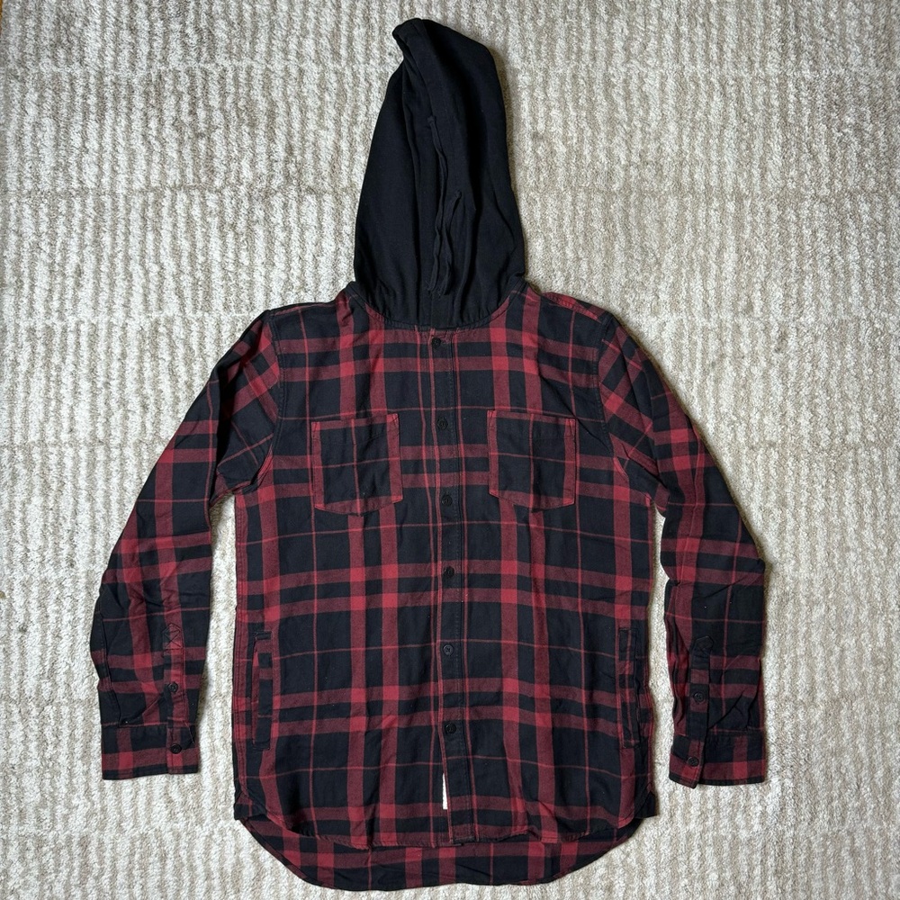 Modern Amusement, Black/Red Hooded Shirt, Button Down, Size M